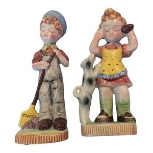 50s Pair Fairyland China Co. Japan, Girl W Dog & Boy W Broom Porcelain Figurines